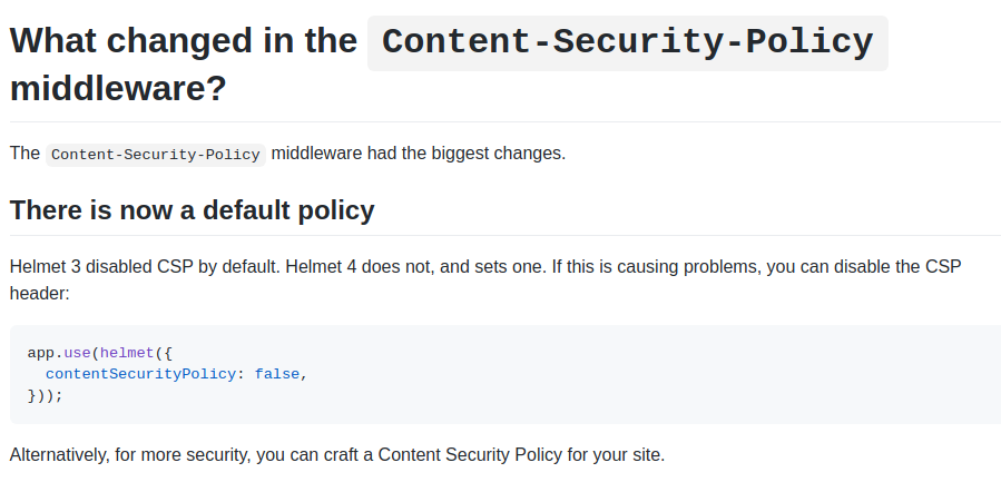 Helmet 4.0.0 CSP default policy change